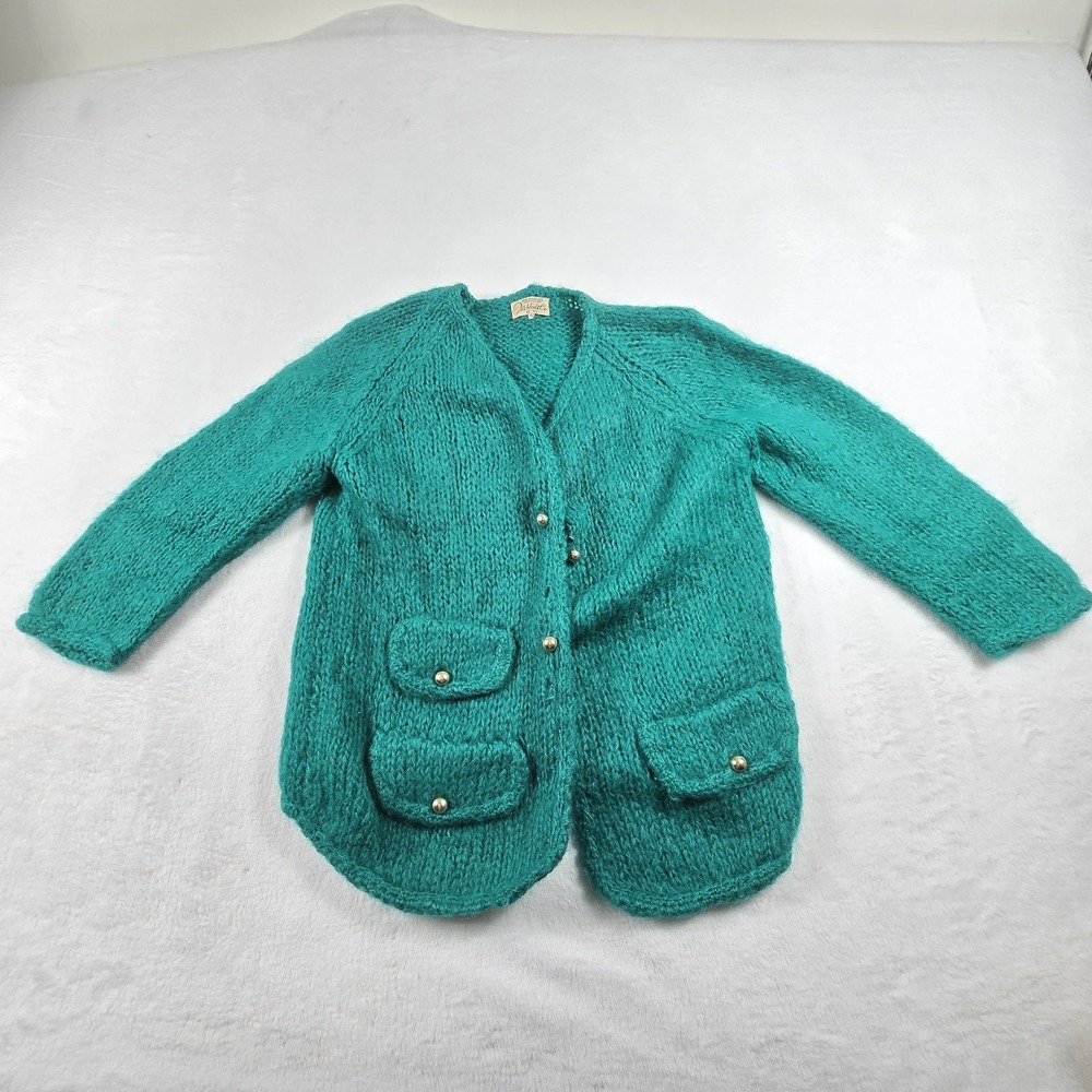 Vintage Hecht Co Hand Made Italian Cardigan Sweater Green 70s Womens Size 40